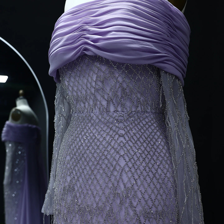 Luxury Tassel Lilac Off Shoulder Evening Dress with Cape SS708
