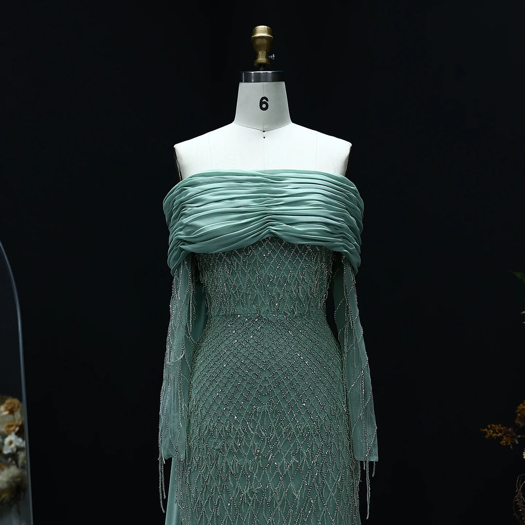 Luxury Tassel Lilac Off Shoulder Evening Dress with Cape SS708