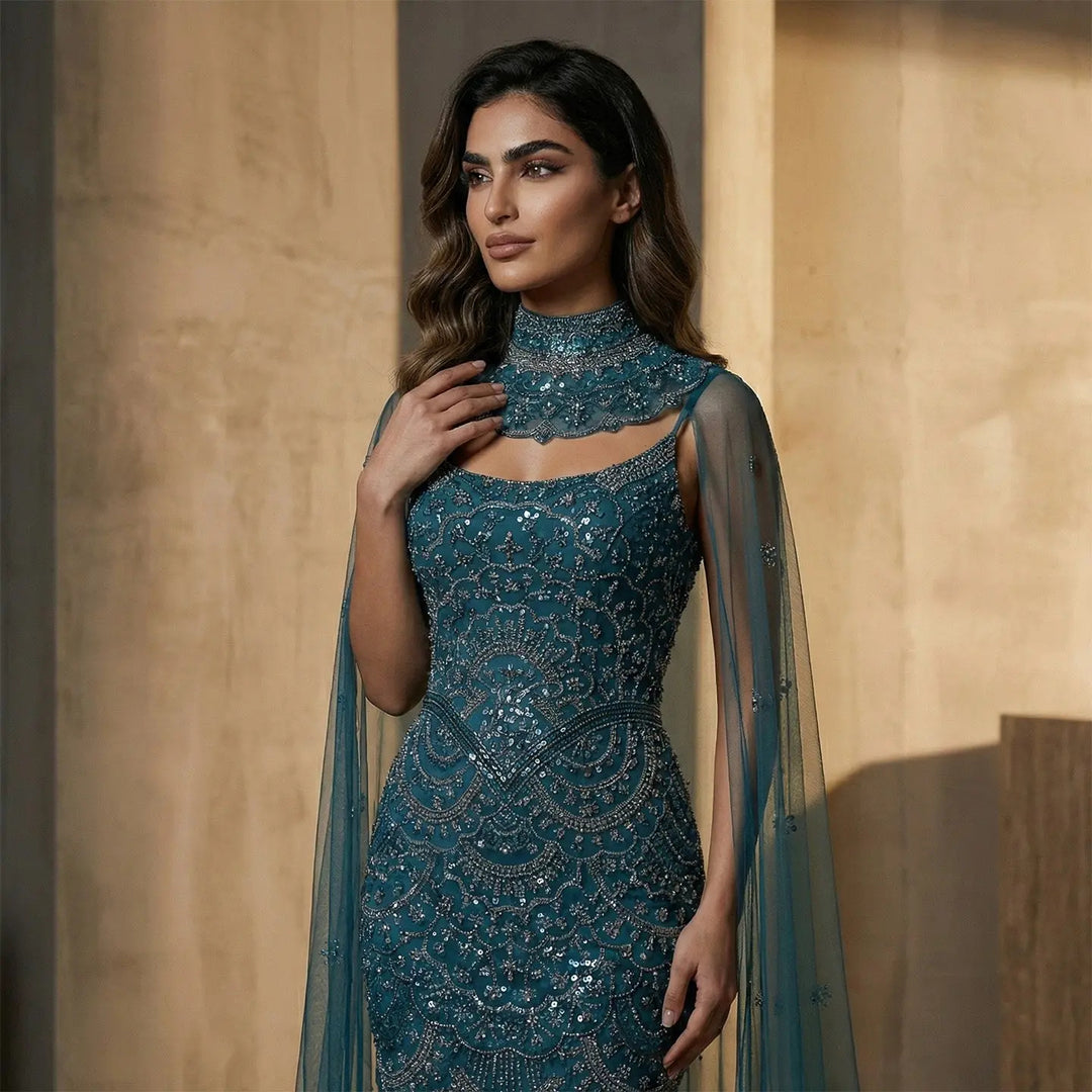 Luxury Teal High Neck Beaded Evening Gown with Sheer Long Sleeves Cape   DreamyVow