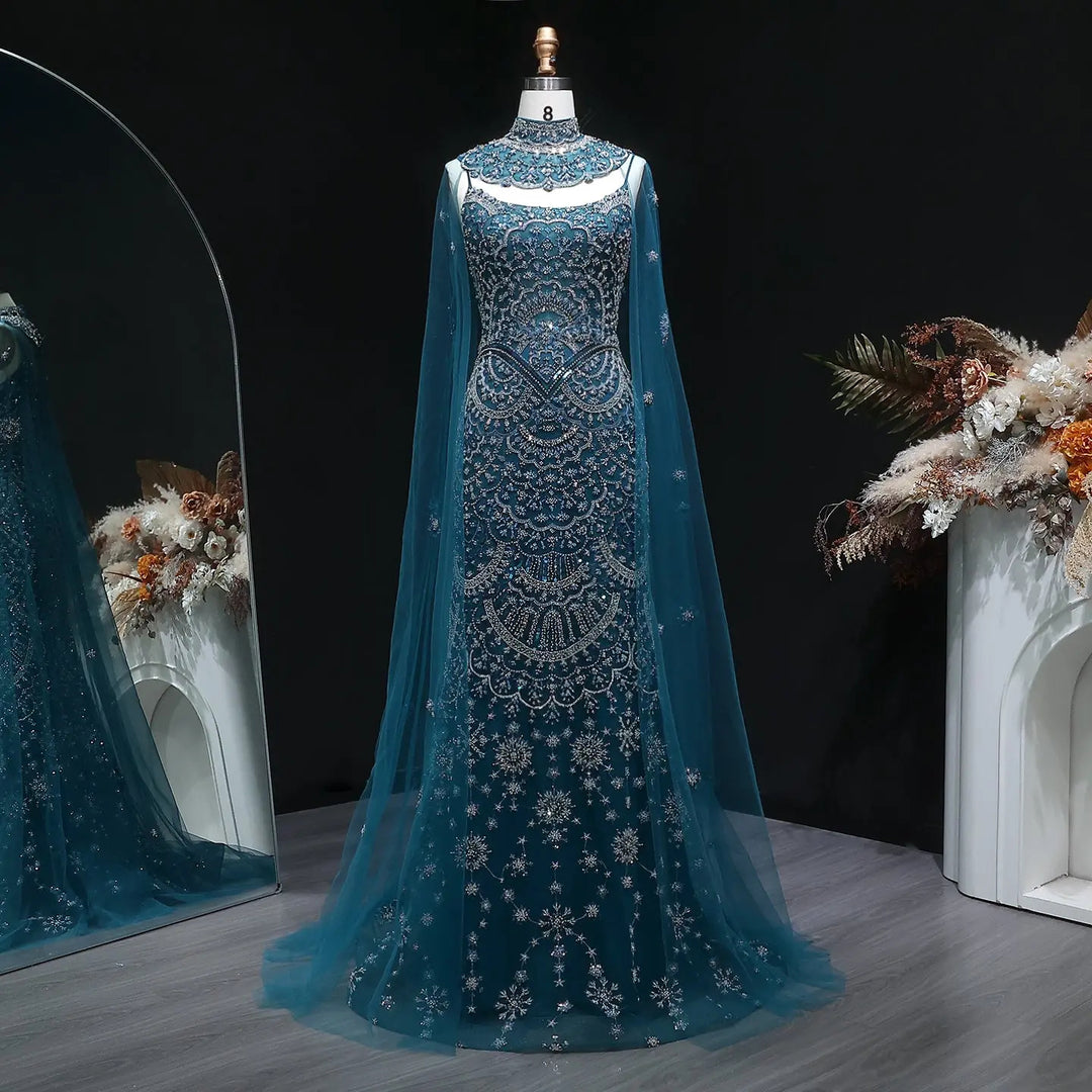 Luxury Teal High Neck Beaded Evening Gown with Sheer Long Sleeves Cape DreamyVow Luxury Teal High Neck Beaded Evening Gown with Sheer Long Sleeves Cape DreamyVow