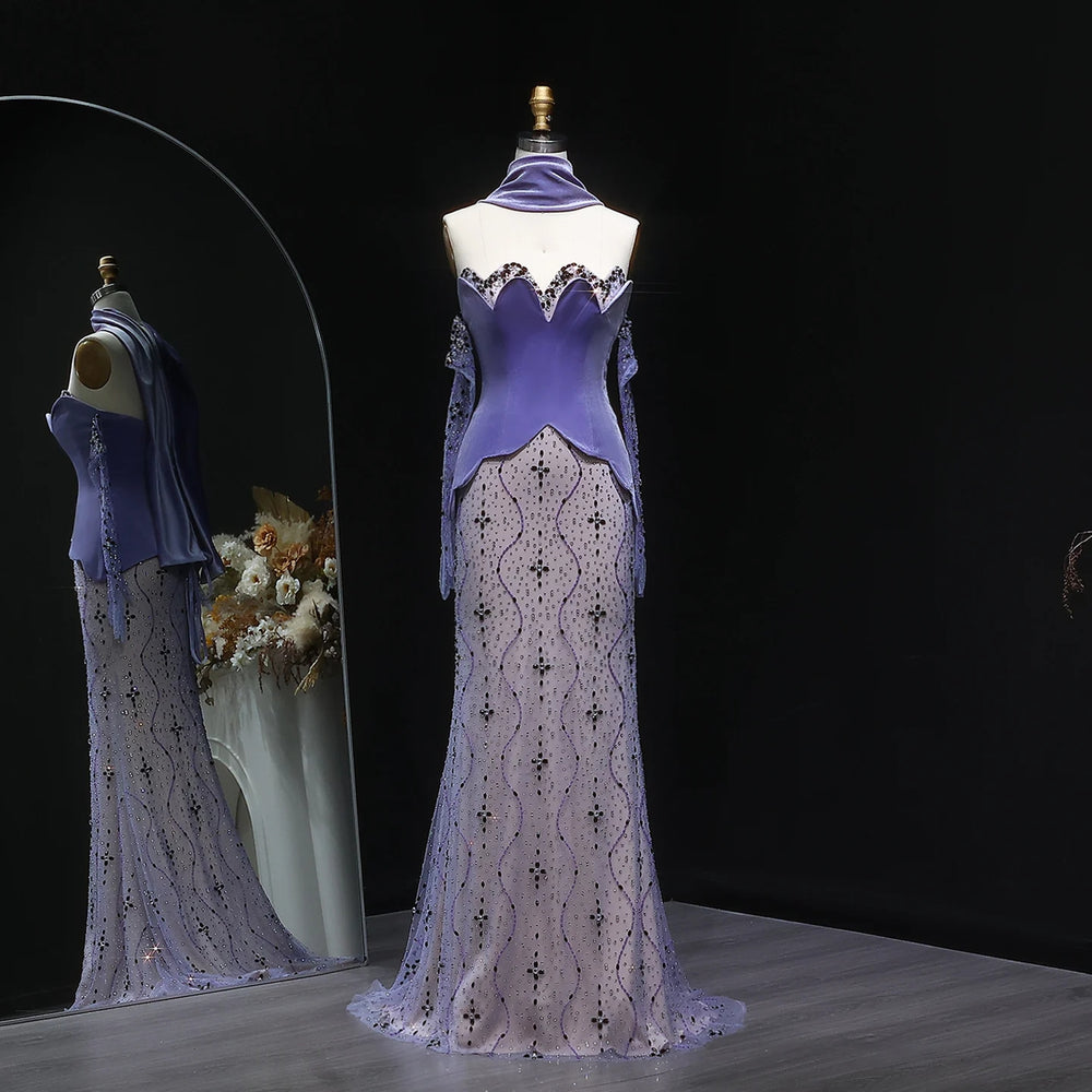 Luxury Two Pieces Purple Velvet Mermaid Evening Dress SS269