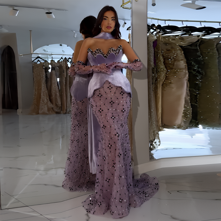 purple velvet mermaid dress Strapless V Neck Mermaid Velvet Prom Dress with Removable Tulle Train ARD2732