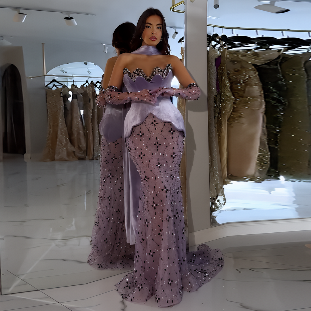 Luxury Two Pieces Purple Velvet Mermaid Evening Dress SS269