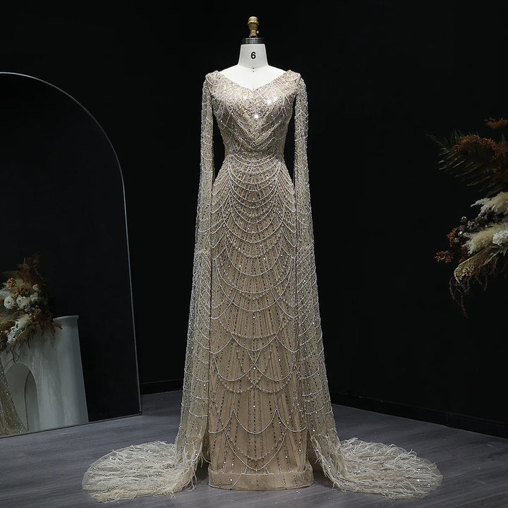 Luxury White Feather Evening Dress with Cape Sleeves SS683