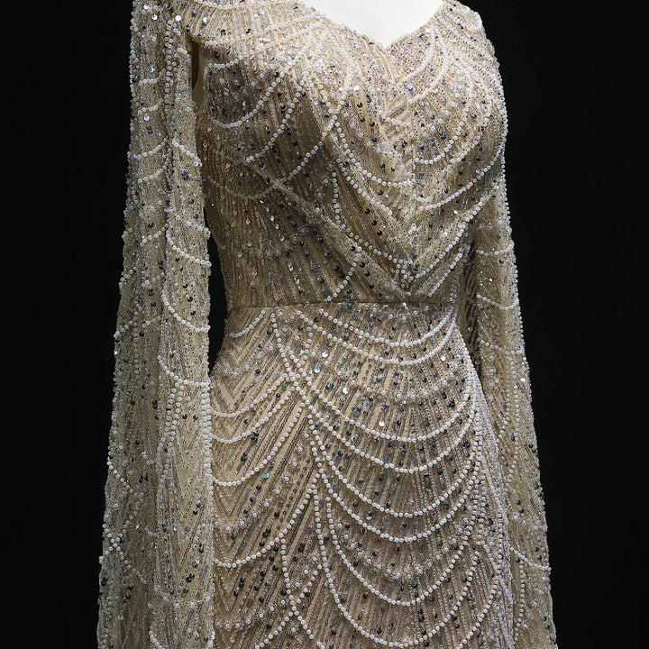 Luxury White Feather Evening Dress with Cape Sleeves SS683