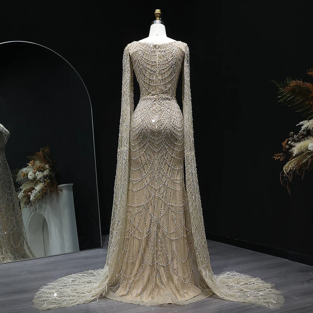 chinese dress ladies Wardrobes by Chen Elegant Long Sleeve Sequin Feather Party Dress-Daiadem S / Gold main image 1