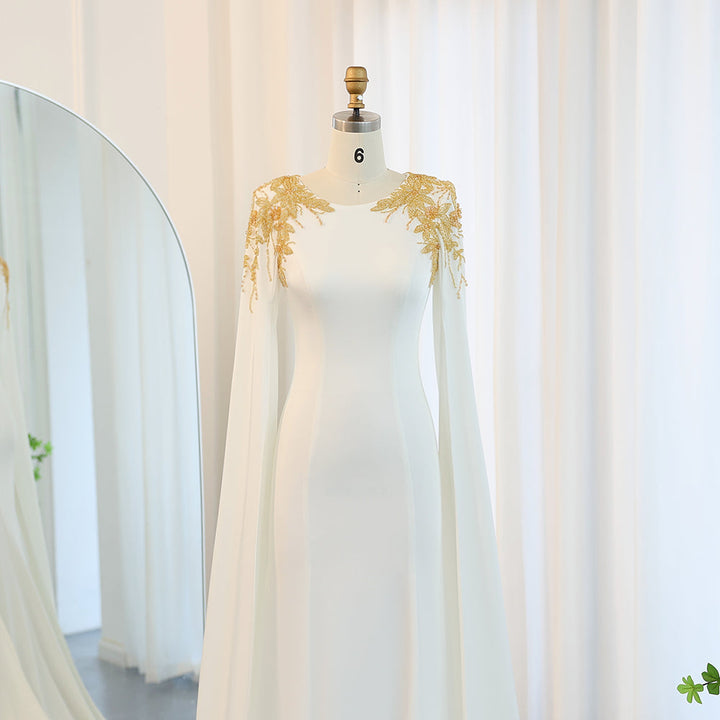Luxury White Mermaid Gown with Flowing Cape Sleeves SF284