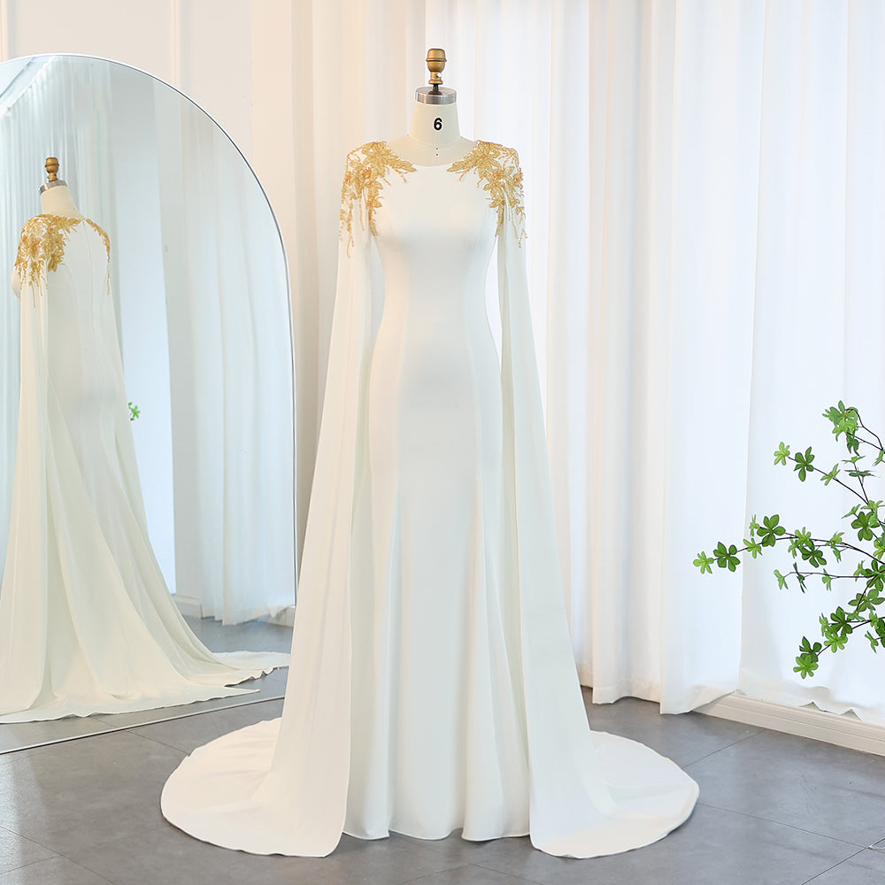 Luxury White Mermaid Gown with Flowing Cape Sleeves SF284