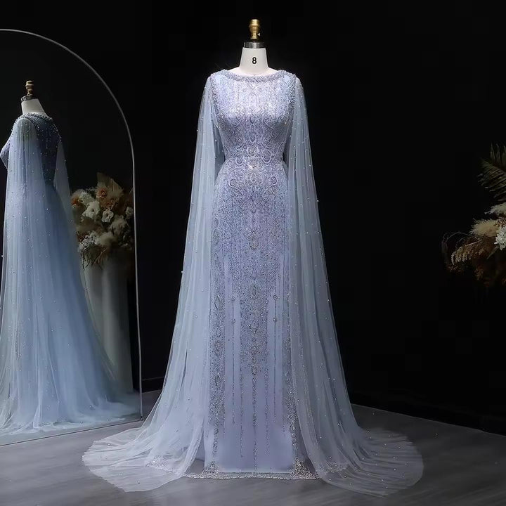 Luxury White Nude Mermaid Evening Dress with Cape Sleeves SS668