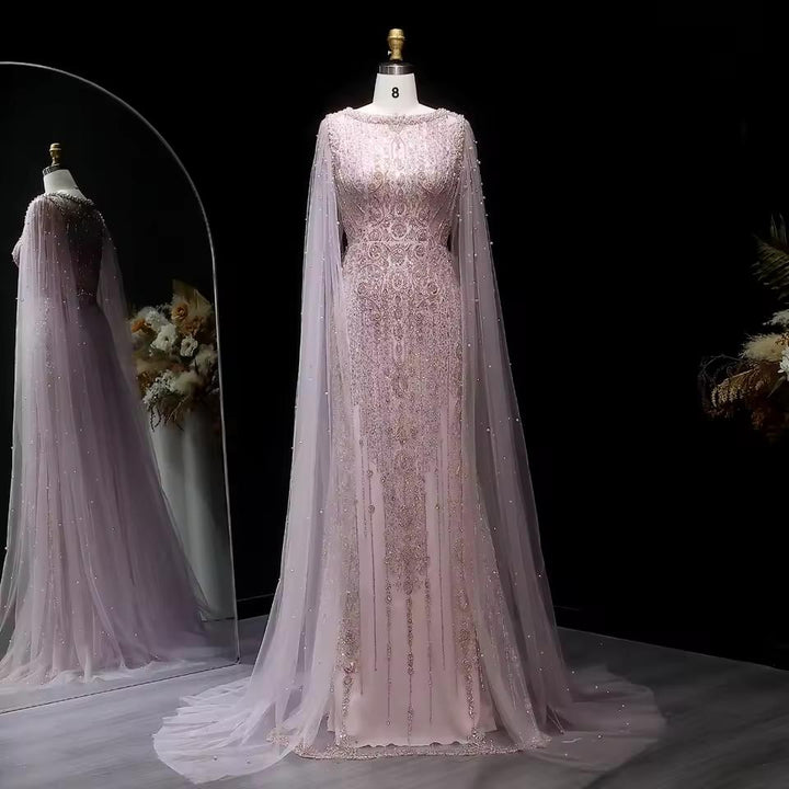 Luxury White Nude Mermaid Evening Dress with Cape Sleeves SS668