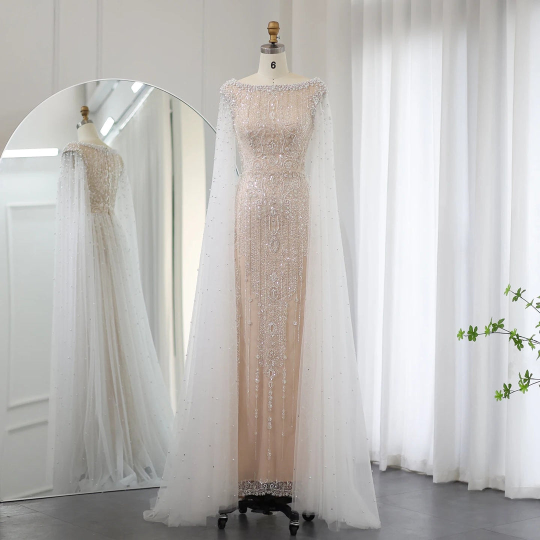 Luxury White Nude Mermaid Evening Dress with Cape Sleeves SS668