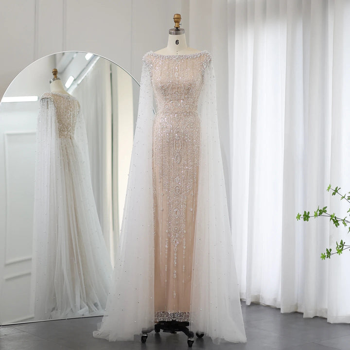 Luxury White Nude Mermaid Evening Dress with Cape Sleeves SS668