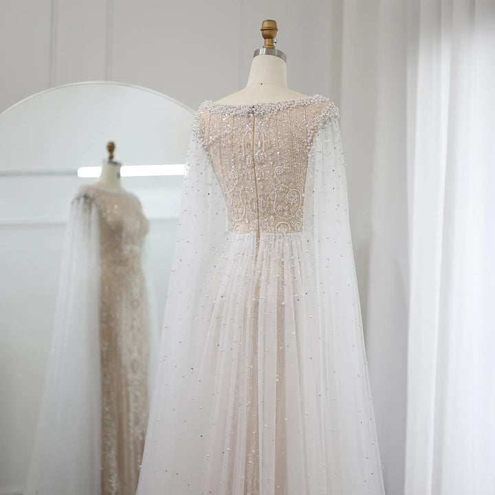 Luxury White Nude Mermaid Evening Dress with Cape Sleeves SS668