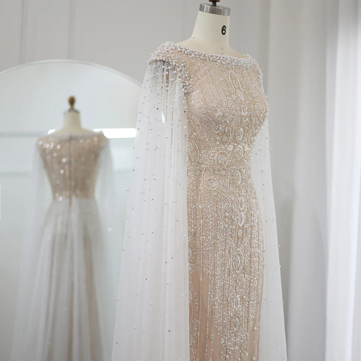 Luxury White Nude Mermaid Evening Dress with Cape Sleeves SS668