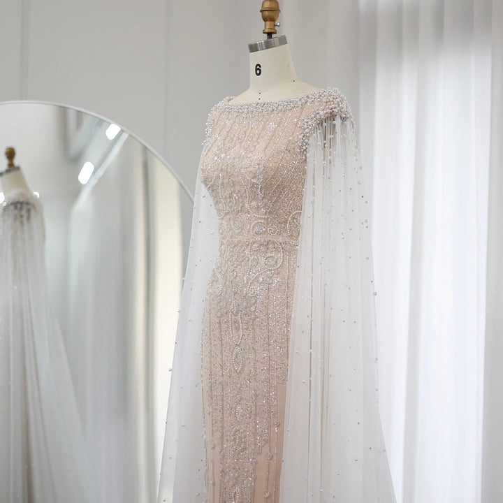 Luxury White Nude Mermaid Evening Dress with Cape Sleeves SS668