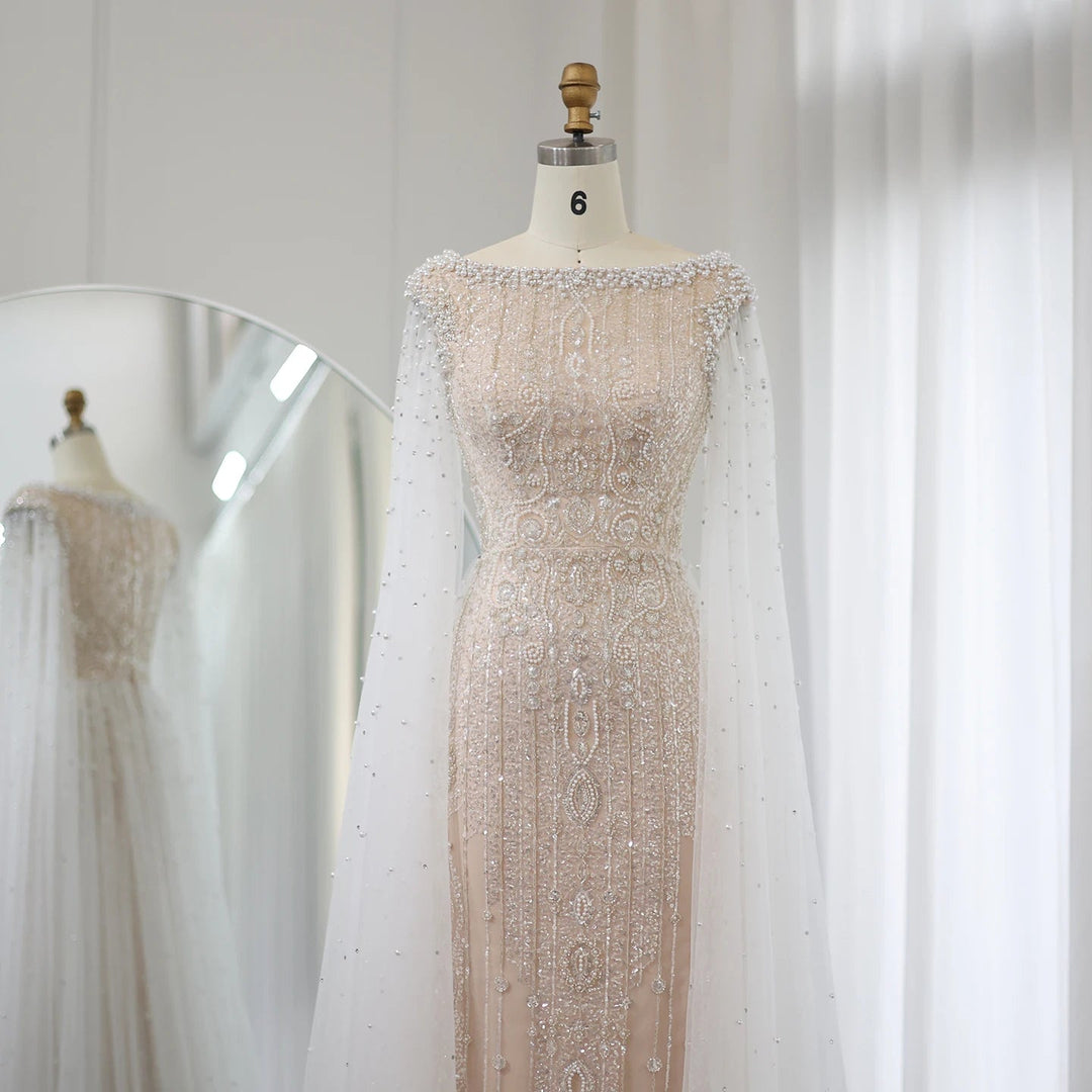 Luxury White Nude Mermaid Evening Dress with Cape Sleeves SS668