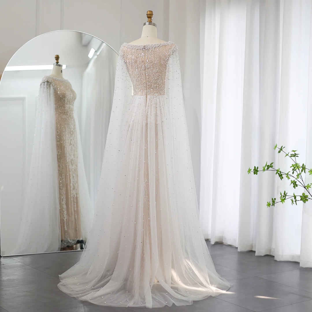 Luxury White Nude Mermaid Evening Dress with Cape Sleeves SS668