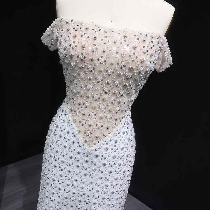 Luxury White Off-Shoulder Beaded Sequin Slim Evening Dress SS610-DreamyVow