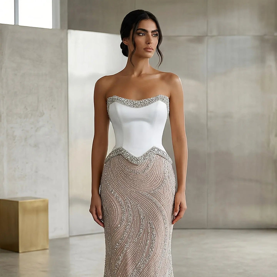Luxury White Strapless Beaded Evening Dress Corset with Crystal Details SS790-DreamyVow