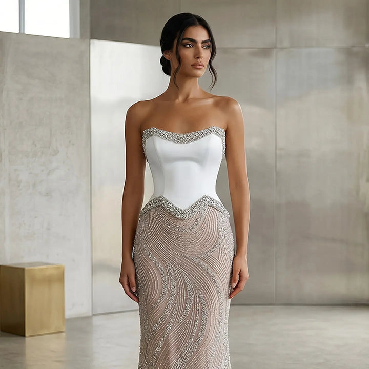 Luxury White Strapless Beaded Evening Dress Corset with Crystal Details SS790-DreamyVow