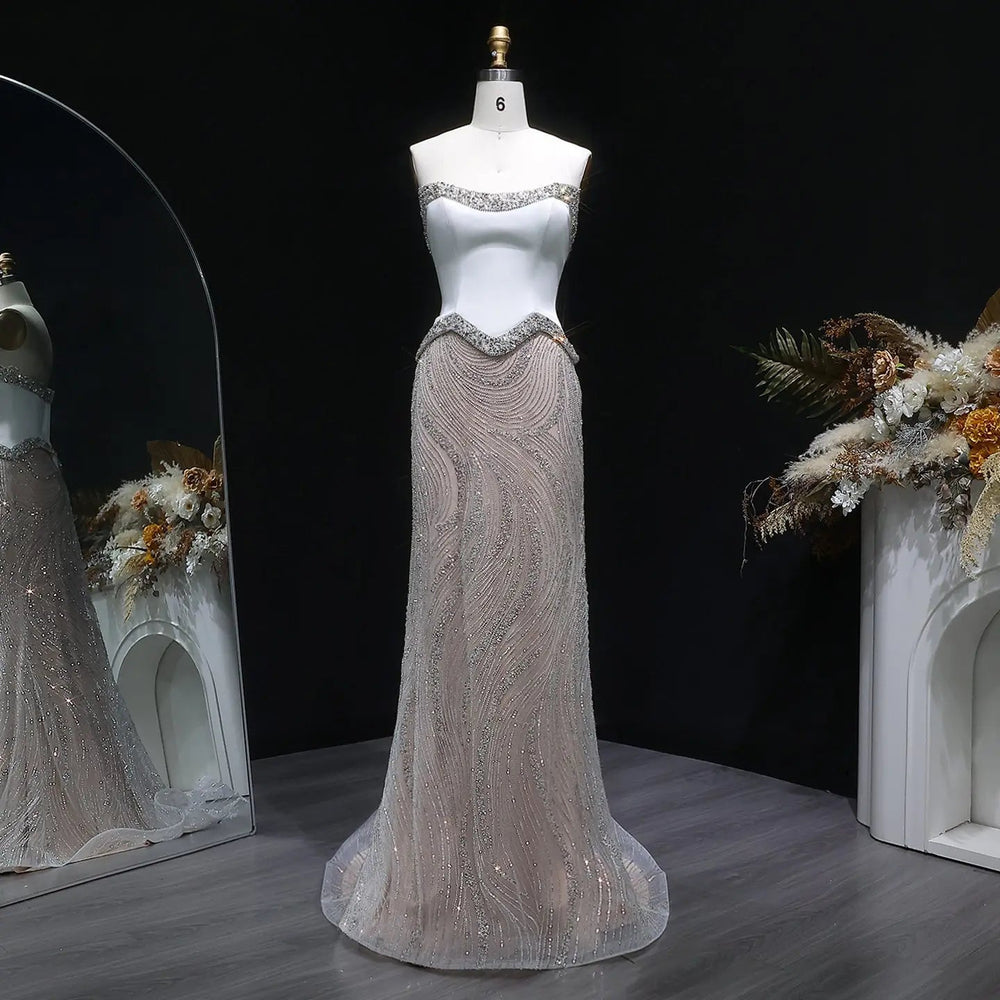 Luxury White Strapless Beaded Evening Dress Corset with Crystal Details SS790-DreamyVow