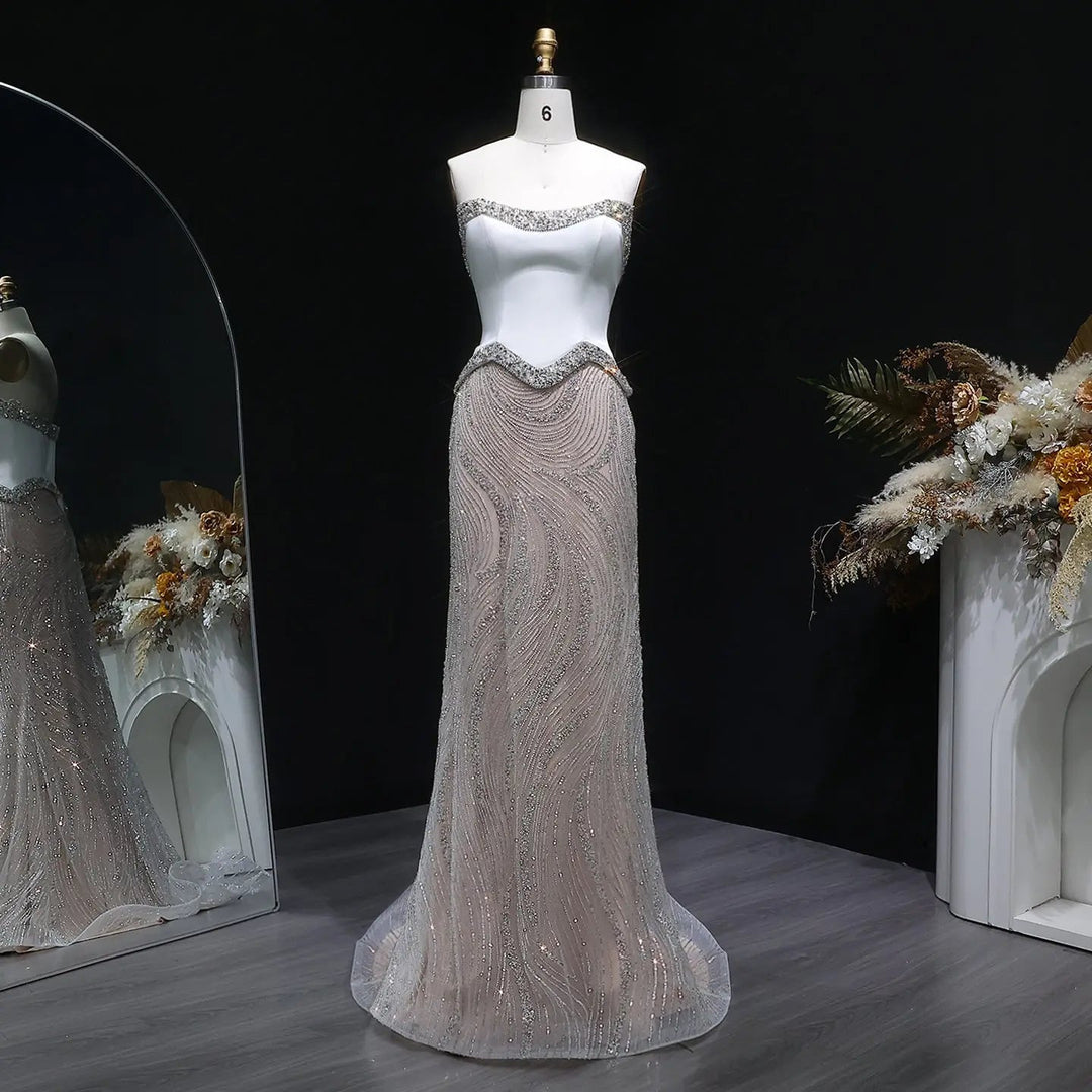 Luxury White Strapless Beaded Evening Dress Corset with Crystal Details SS790-DreamyVow