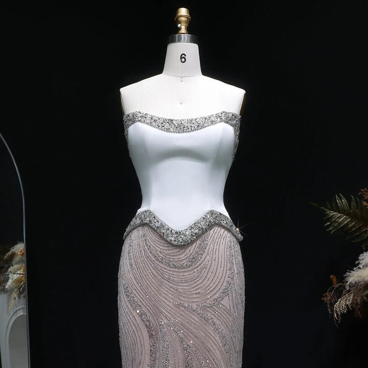 Luxury White Strapless Beaded Evening Dress Corset with Crystal Details SS790-DreamyVow