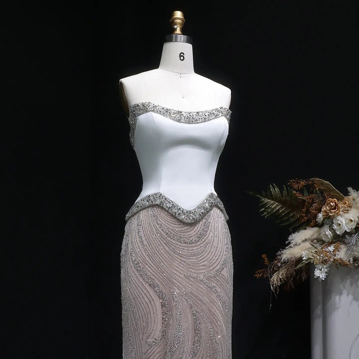 Luxury White Strapless Beaded Evening Dress Corset with Crystal Details SS790-DreamyVow