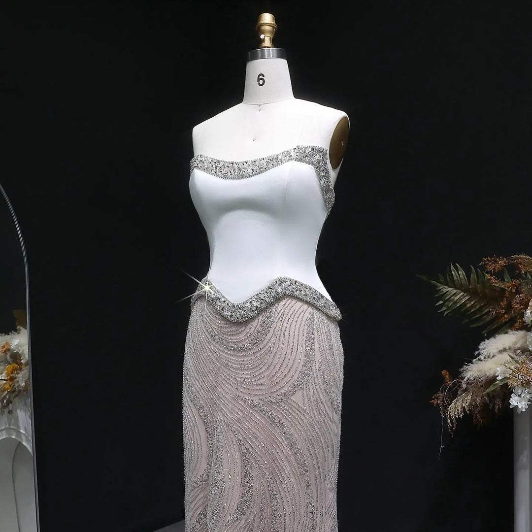 Luxury White Strapless Beaded Evening Dress Corset with Crystal Details SS790-DreamyVow