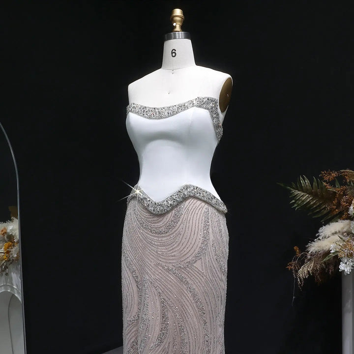 Luxury White Strapless Beaded Evening Dress Corset with Crystal Details SS790-DreamyVow