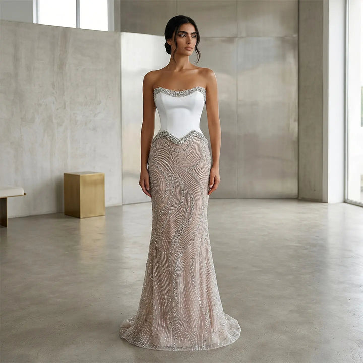 Luxury White Strapless Beaded Evening Dress Corset with Crystal Details SS790-DreamyVow