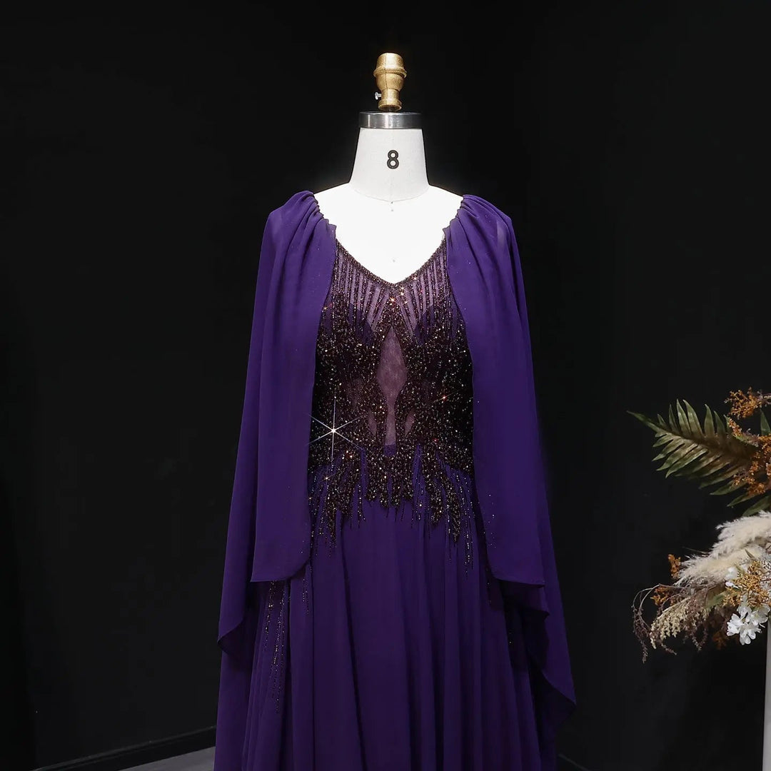 Luxury Wine Red Beaded Cape Evening Dress with V Neck SS053-DreamyVow