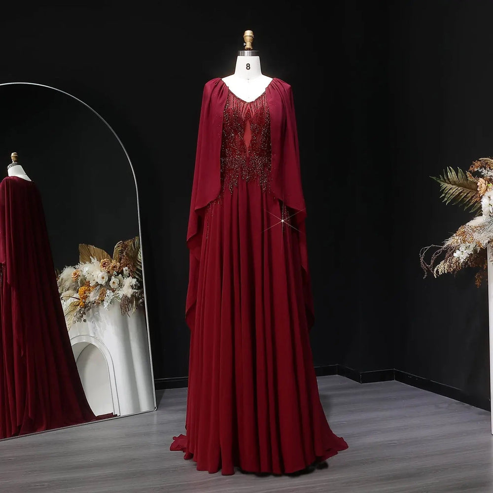 Luxury Wine Red Beaded Cape Evening Dress with V Neck SS053-DreamyVow