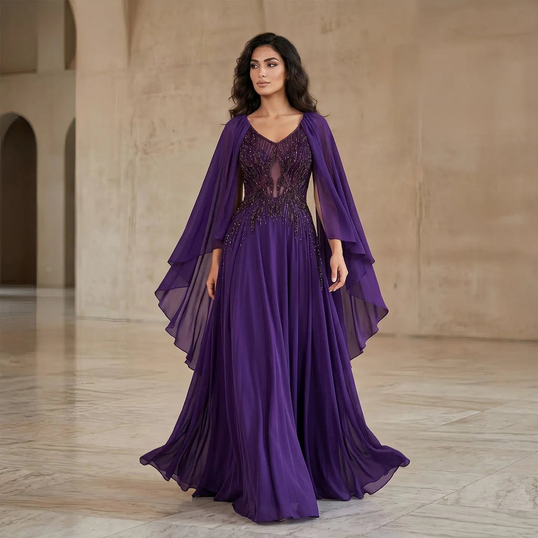 Luxury Wine Red Beaded Cape Evening Dress with V Neck SS053-DreamyVow