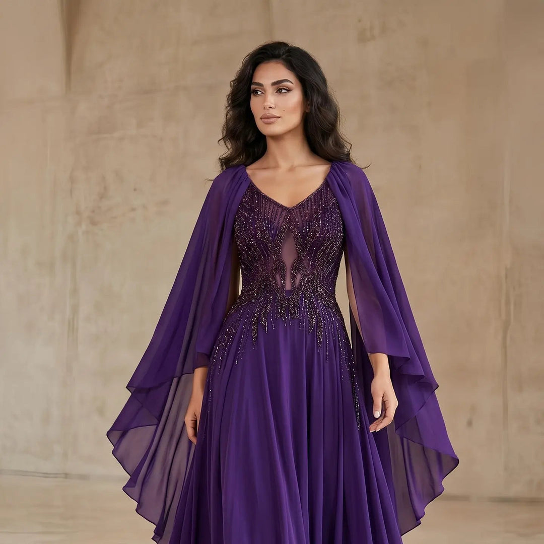 Luxury Wine Red Beaded Cape Evening Dress with V Neck SS053-DreamyVow