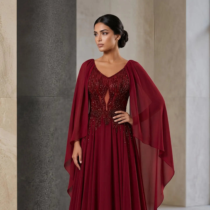 Luxury Wine Red Beaded Cape Evening Dress with V Neck SS053-DreamyVow