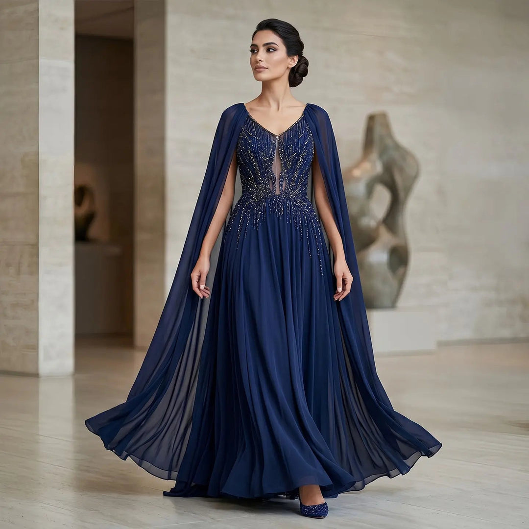 Luxury Wine Red Beaded Cape Evening Dress with V Neck SS053-DreamyVow