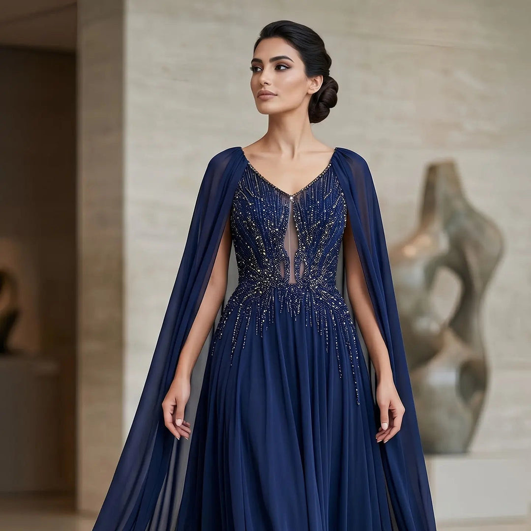 Luxury Wine Red Beaded Cape Evening Dress with V Neck SS053-DreamyVow