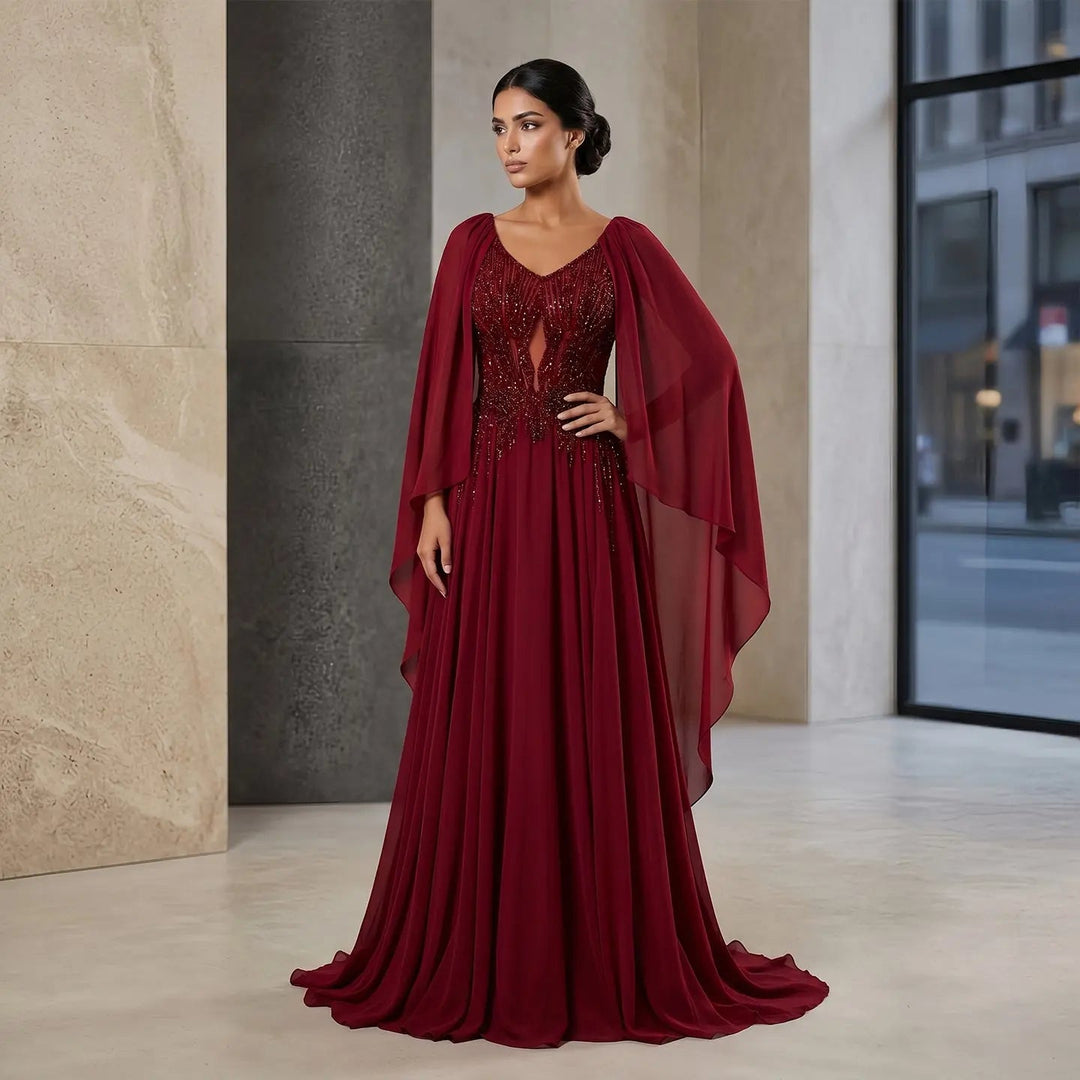 Luxury Wine Red Beaded Cape Evening Dress with V Neck SS053-DreamyVow