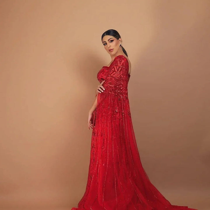 Luxury Wine Red Burgundy Evening Dress with Cape Sleeves SS461