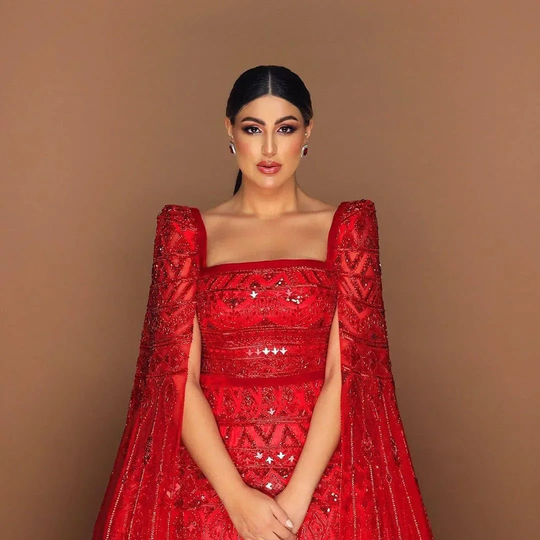 Luxury Wine Red Burgundy Evening Dress with Cape Sleeves SS461