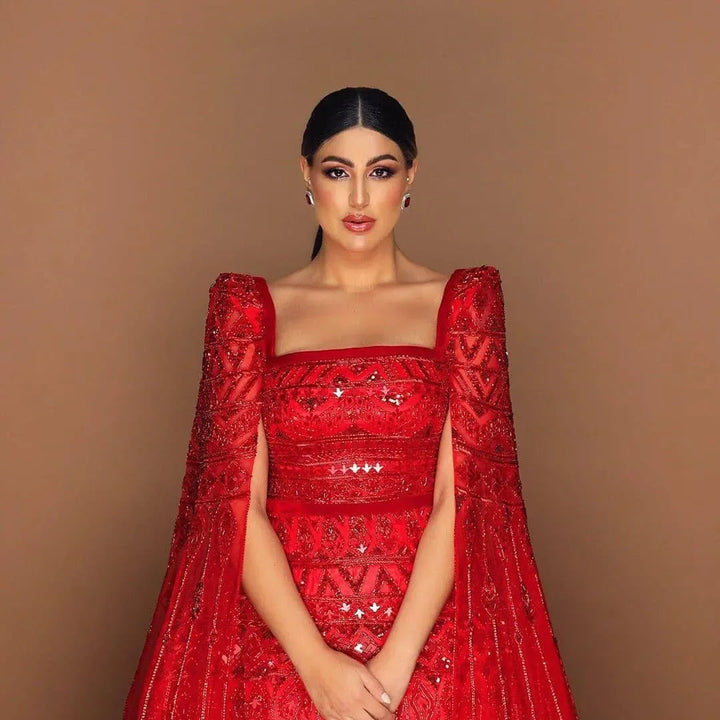 Luxury Wine Red Burgundy Evening Dress with Cape Sleeves SS461