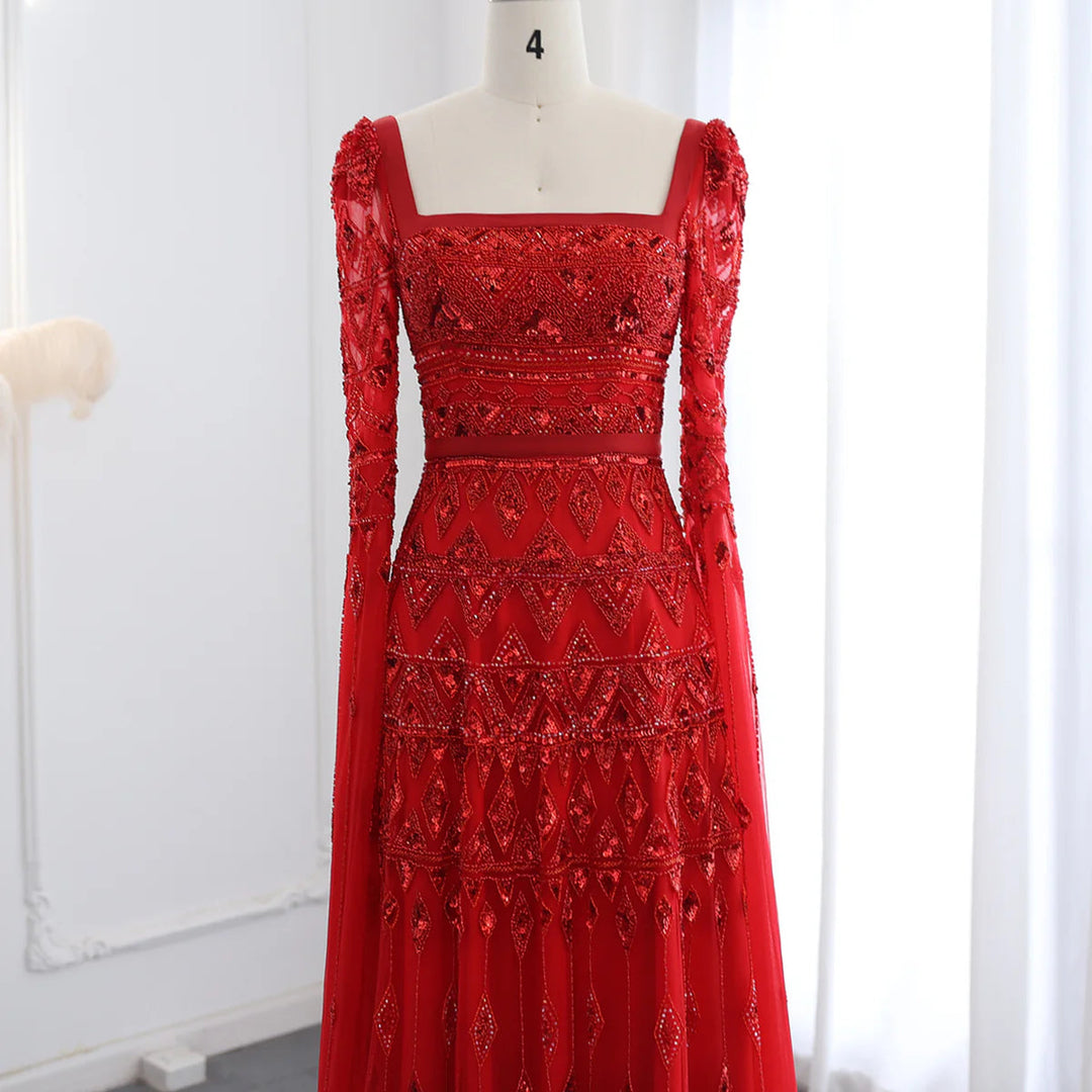 Luxury Wine Red Burgundy Evening Dress with Cape Sleeves SS461