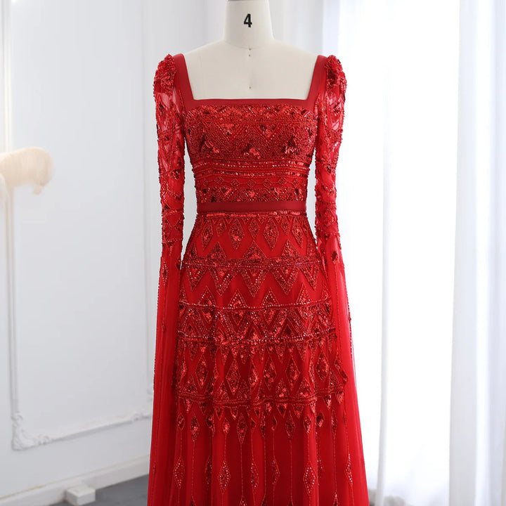 Luxury Wine Red Burgundy Evening Dress with Cape Sleeves SS461