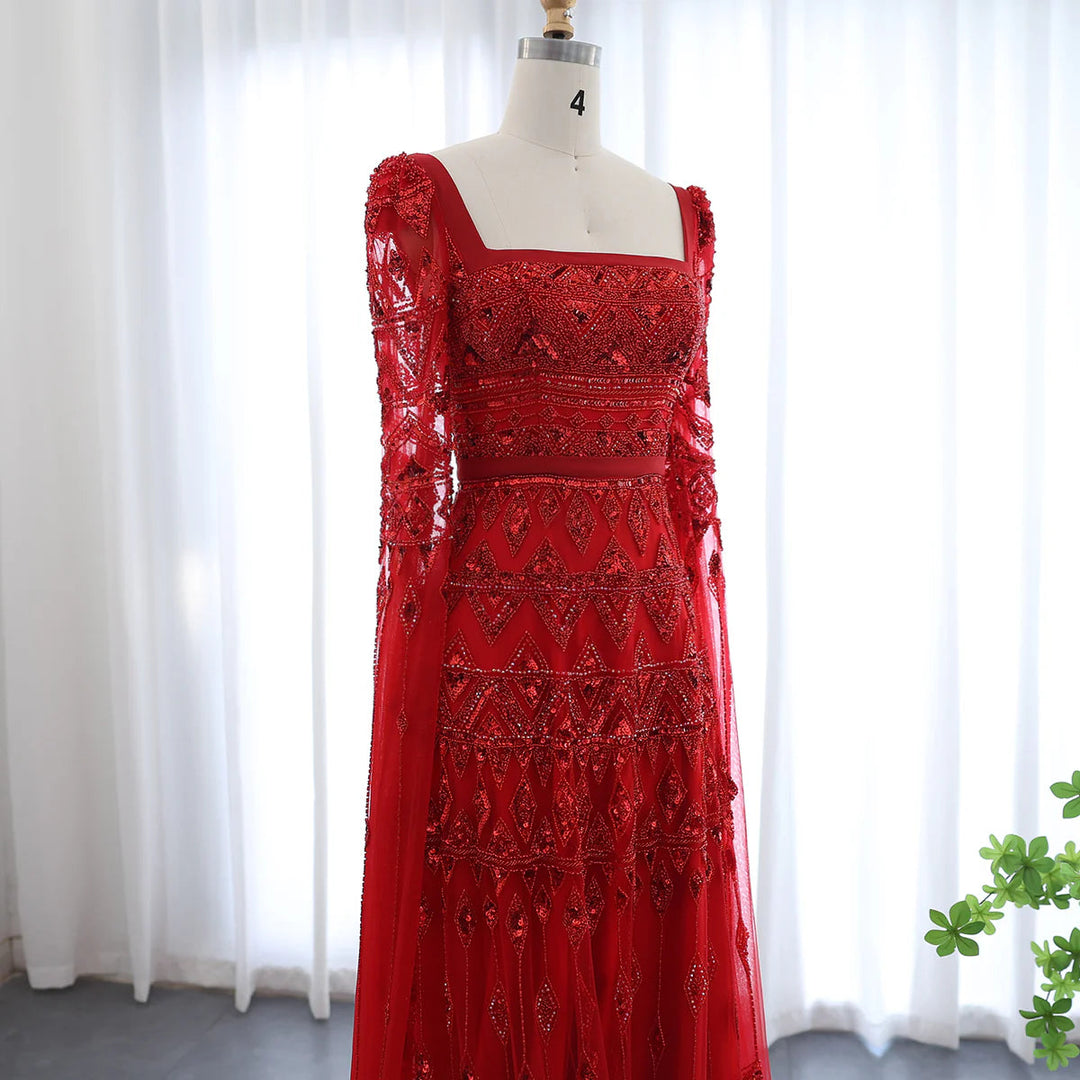 Luxury Wine Red Burgundy Evening Dress with Cape Sleeves SS461