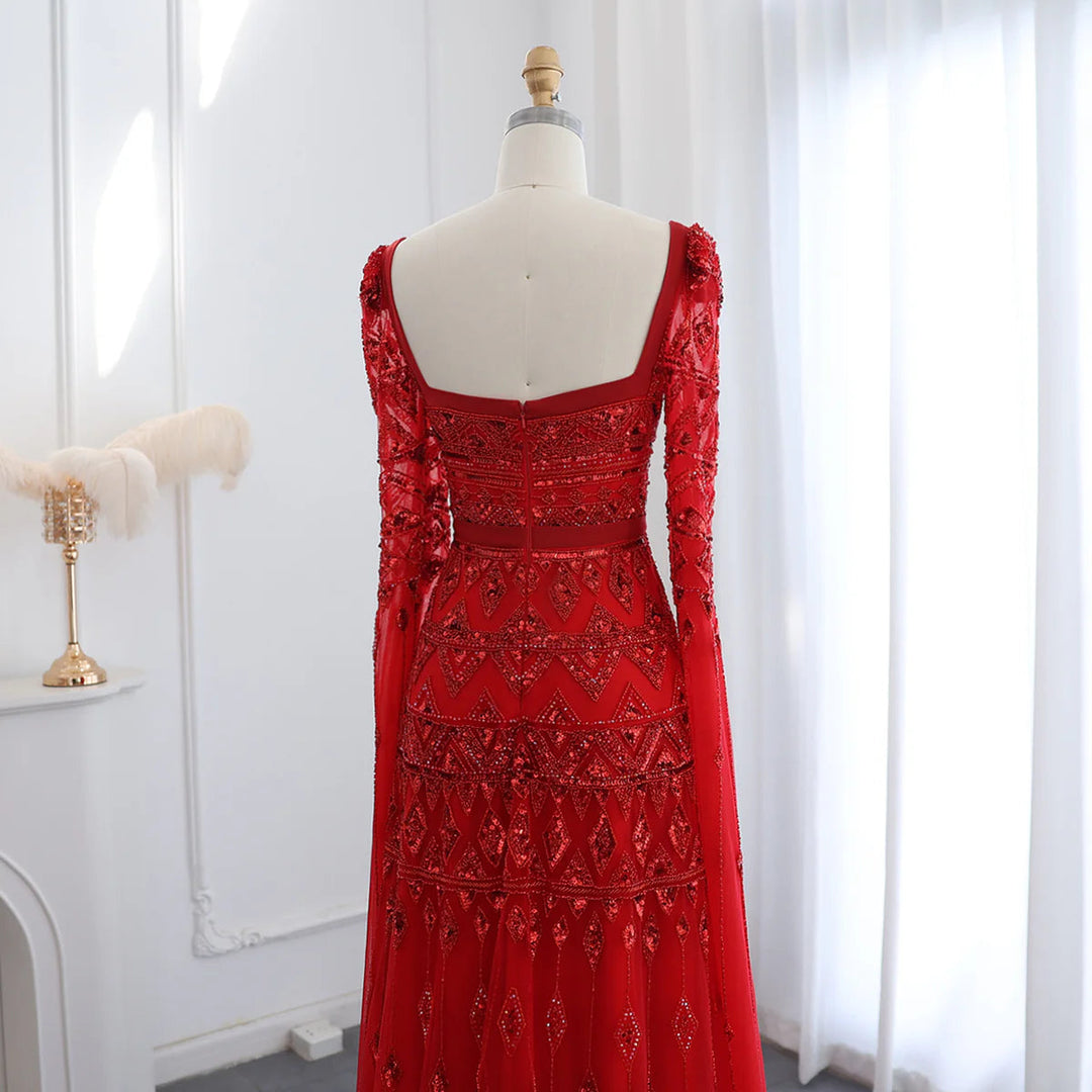 Luxury Wine Red Burgundy Evening Dress with Cape Sleeves SS461