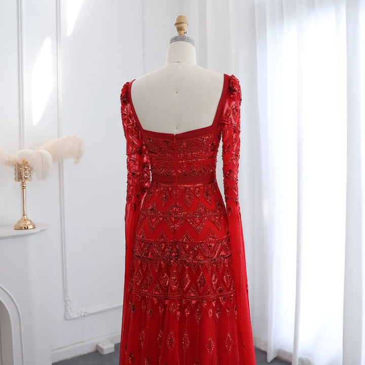 Luxury Wine Red Burgundy Evening Dress with Cape Sleeves SS461