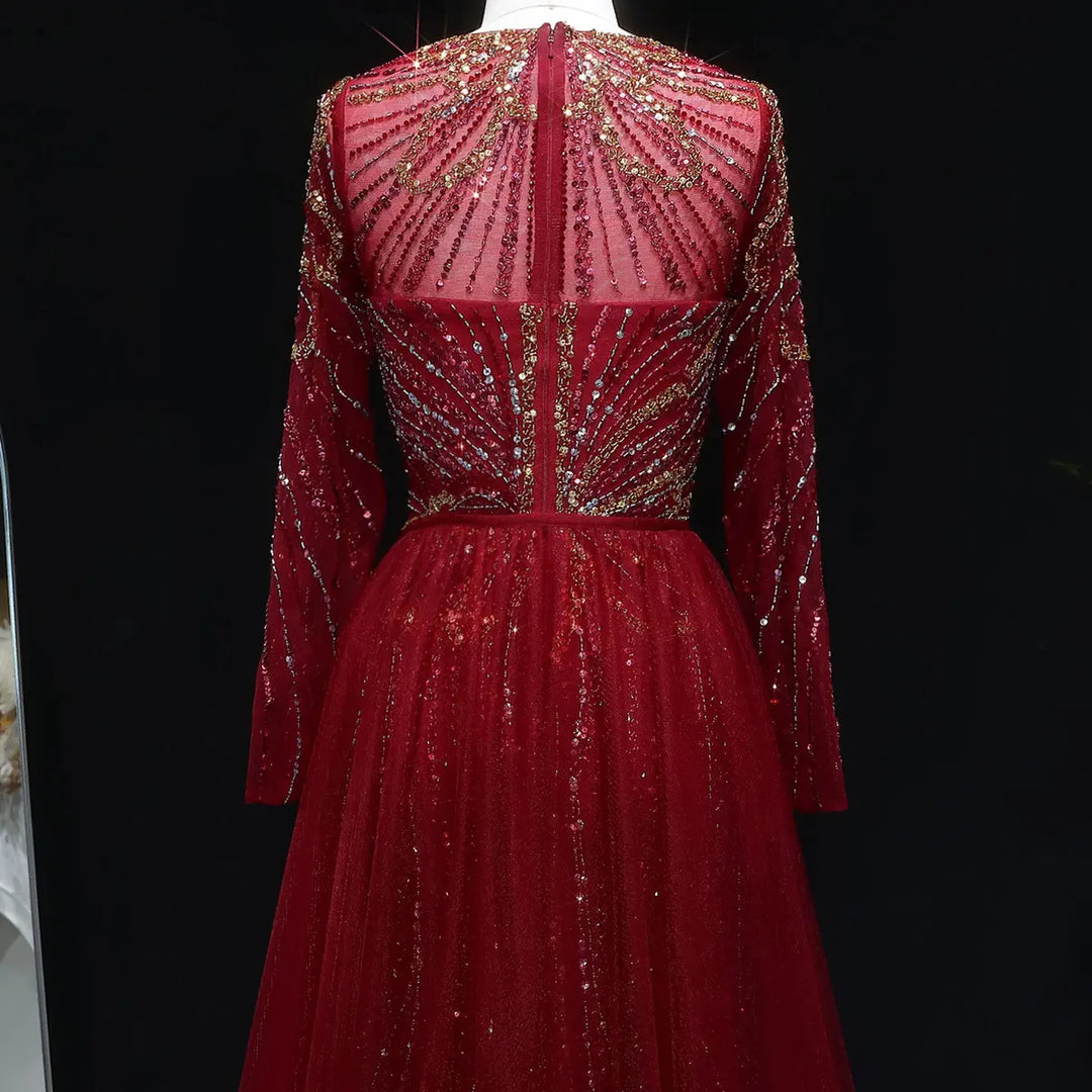 Luxury Wine Red Crystal Embellished Slit Evening Dress with Overskirt SS160-DreamyVow