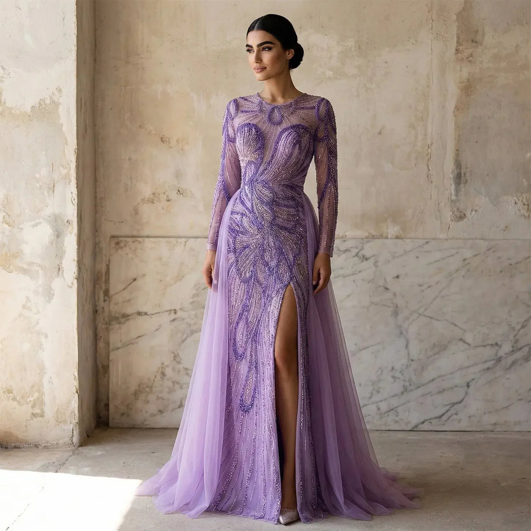 Luxury Wine Red Crystal Embellished Slit Evening Dress with Overskirt SS160-DreamyVow