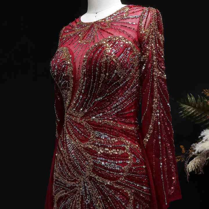 Luxury Wine Red Crystal Embellished Slit Evening Dress with Overskirt SS160-DreamyVow